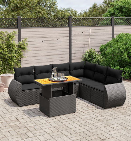 7-tlg. Garten-Sofagarnitur mit Kissen Schwarz Poly Rattan