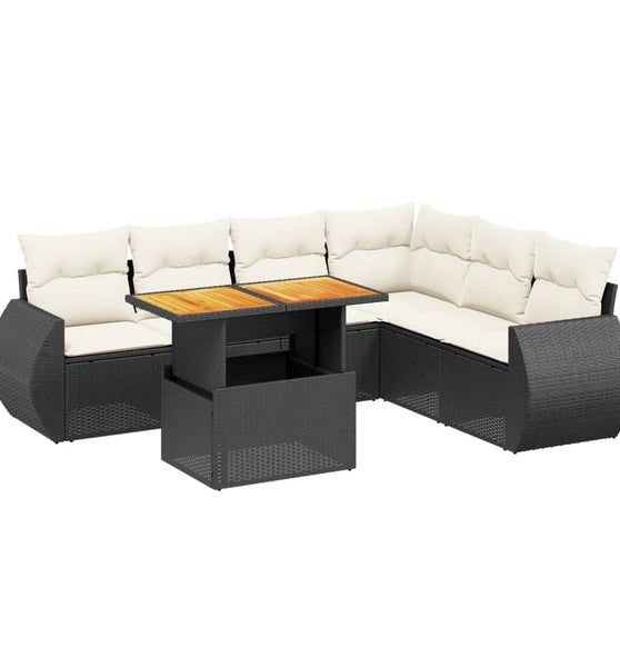 7-tlg. Garten-Sofagarnitur mit Kissen Schwarz Poly Rattan