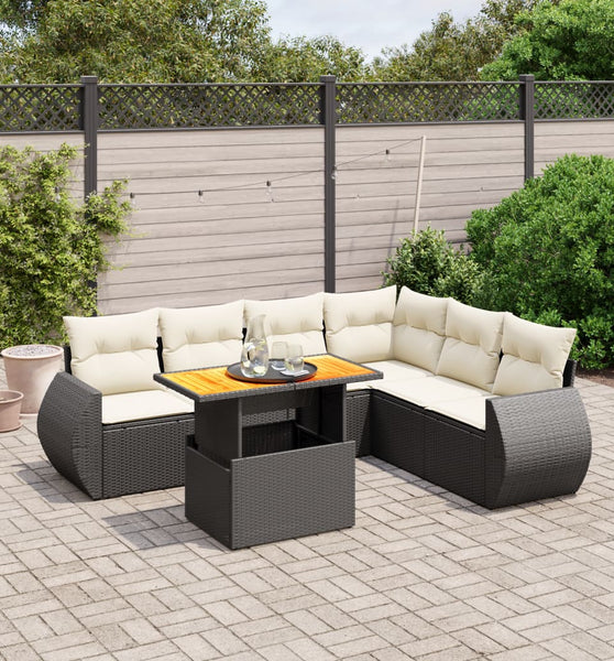 7-tlg. Garten-Sofagarnitur mit Kissen Schwarz Poly Rattan