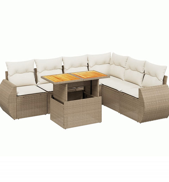 7-tlg. Garten-Sofagarnitur mit Kissen Beige Poly Rattan