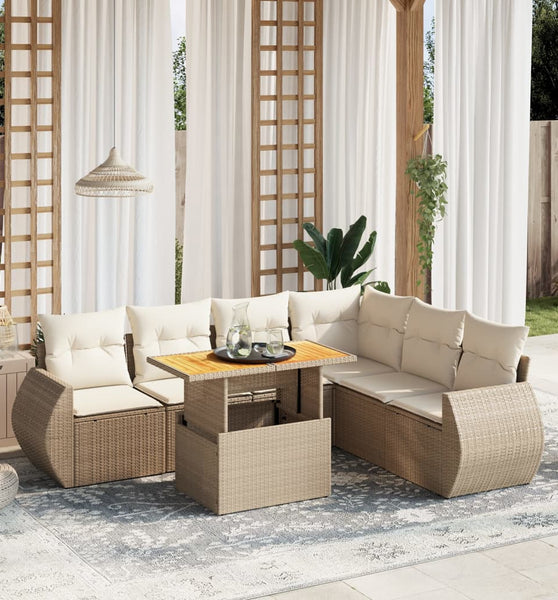 7-tlg. Garten-Sofagarnitur mit Kissen Beige Poly Rattan