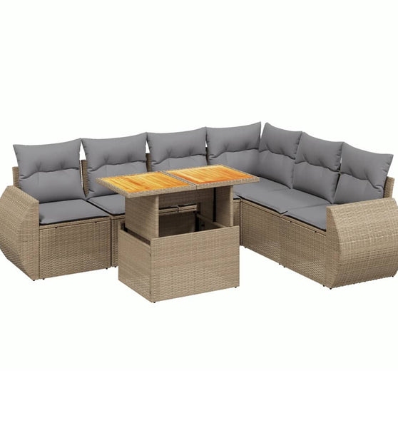 7-tlg. Garten-Sofagarnitur mit Kissen Beige Poly Rattan