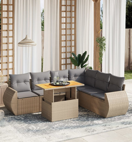 7-tlg. Garten-Sofagarnitur mit Kissen Beige Poly Rattan
