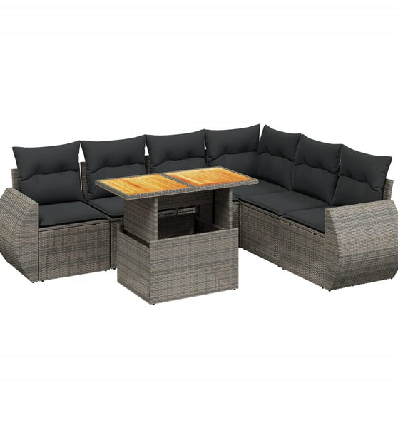 7-tlg. Garten-Sofagarnitur mit Kissen Grau Poly Rattan
