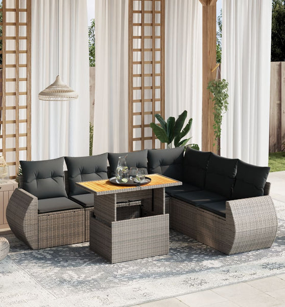 7-tlg. Garten-Sofagarnitur mit Kissen Grau Poly Rattan