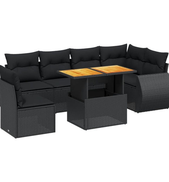 7-tlg. Garten-Sofagarnitur mit Kissen Schwarz Poly Rattan