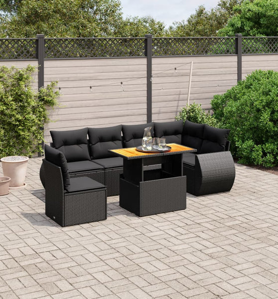 7-tlg. Garten-Sofagarnitur mit Kissen Schwarz Poly Rattan