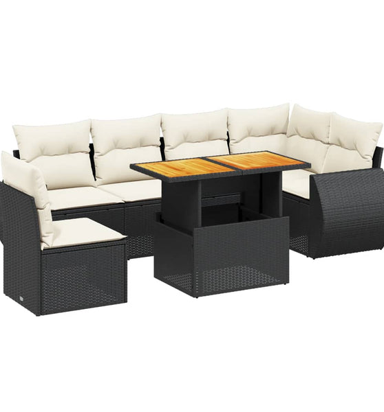 7-tlg. Garten-Sofagarnitur mit Kissen Schwarz Poly Rattan