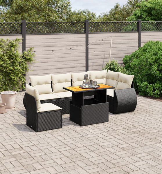 7-tlg. Garten-Sofagarnitur mit Kissen Schwarz Poly Rattan