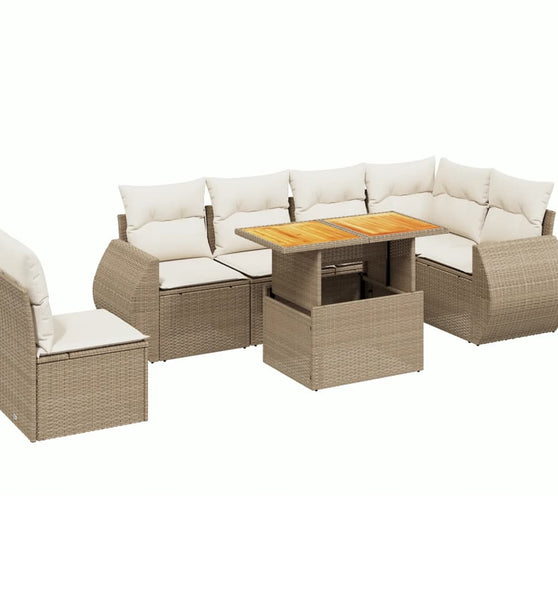 7-tlg. Garten-Sofagarnitur mit Kissen Beige Poly Rattan