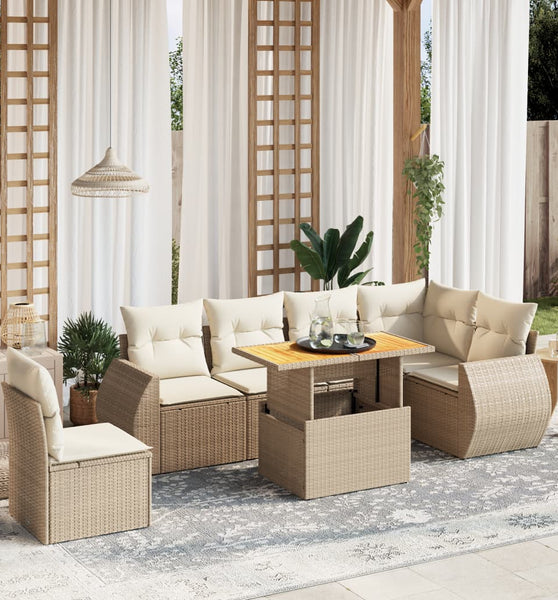7-tlg. Garten-Sofagarnitur mit Kissen Beige Poly Rattan