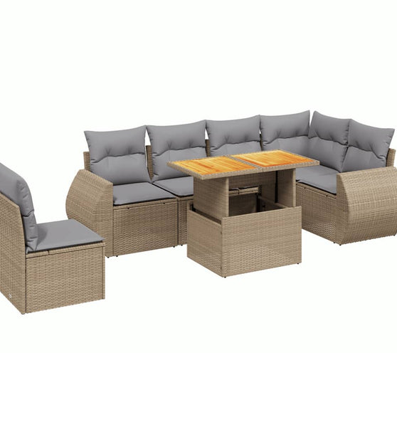7-tlg. Garten-Sofagarnitur mit Kissen Beige Poly Rattan