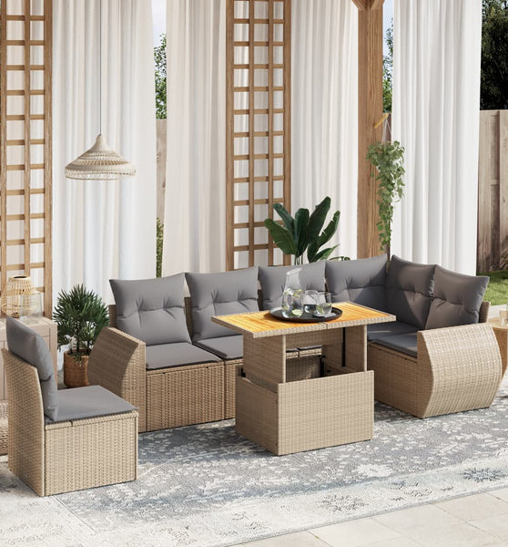 7-tlg. Garten-Sofagarnitur mit Kissen Beige Poly Rattan