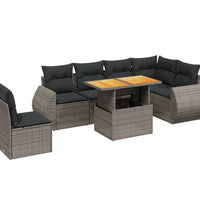 7-tlg. Garten-Sofagarnitur mit Kissen Grau Poly Rattan