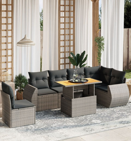 7-tlg. Garten-Sofagarnitur mit Kissen Grau Poly Rattan