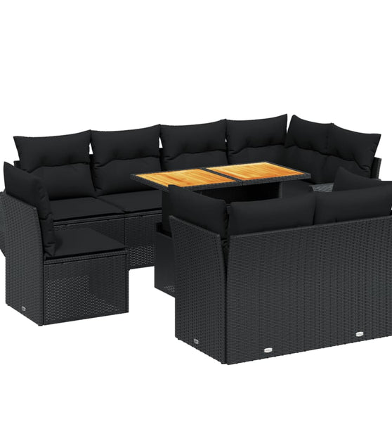 9-tlg. Garten-Sofagarnitur mit Kissen Schwarz Poly Rattan
