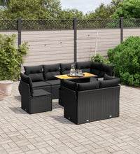 9-tlg. Garten-Sofagarnitur mit Kissen Schwarz Poly Rattan