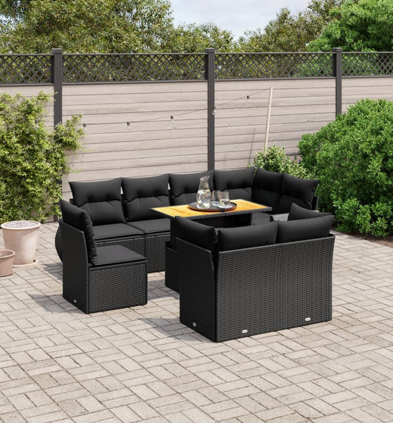 9-tlg. Garten-Sofagarnitur mit Kissen Schwarz Poly Rattan