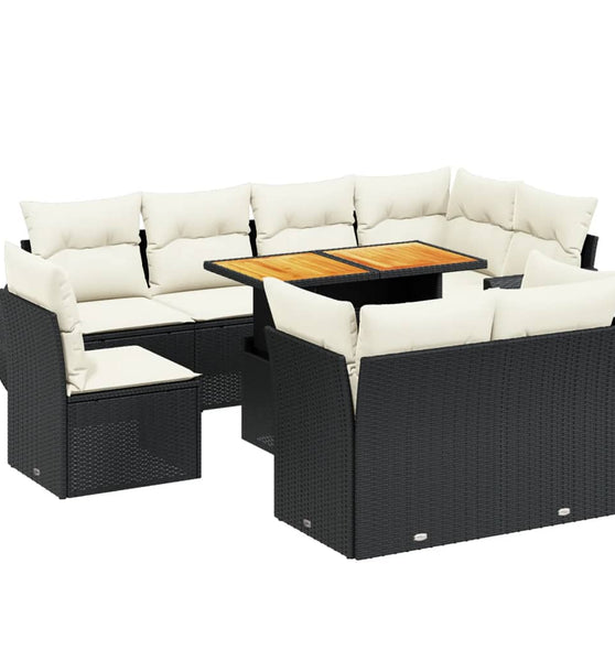 9-tlg. Garten-Sofagarnitur mit Kissen Schwarz Poly Rattan