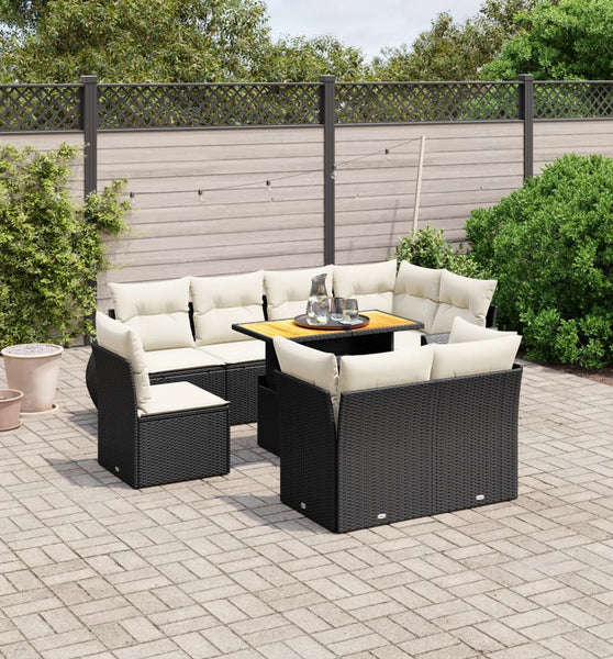 9-tlg. Garten-Sofagarnitur mit Kissen Schwarz Poly Rattan