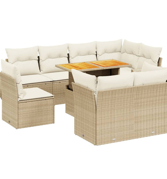 9-tlg. Garten-Sofagarnitur mit Kissen Beige Poly Rattan