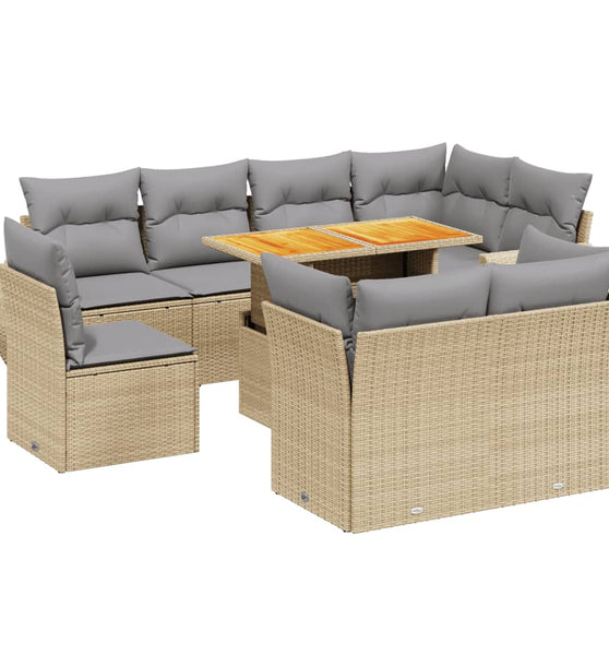9-tlg. Garten-Sofagarnitur mit Kissen Beige Poly Rattan