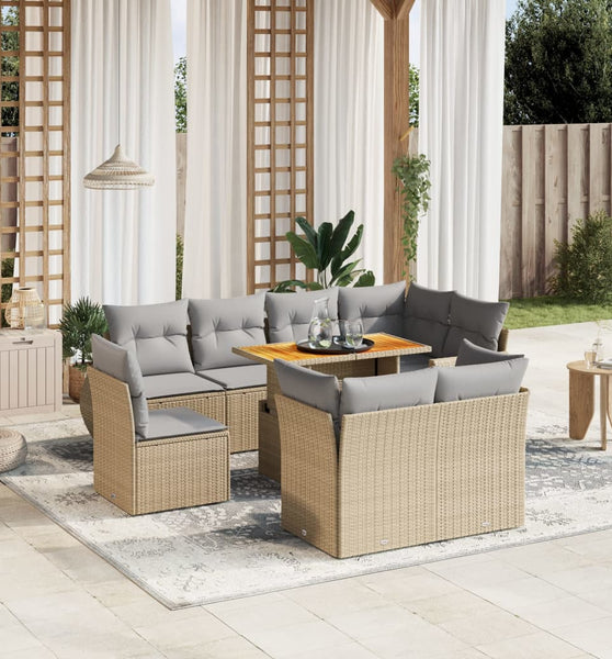 9-tlg. Garten-Sofagarnitur mit Kissen Beige Poly Rattan