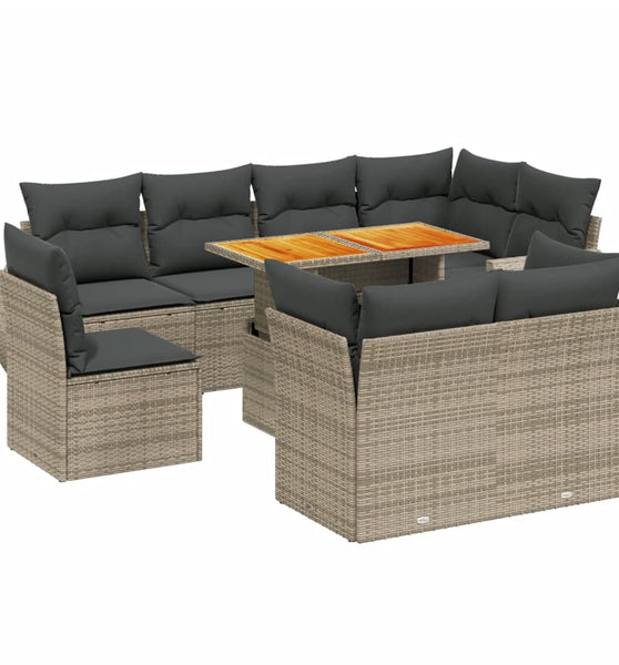 9-tlg. Garten-Sofagarnitur mit Kissen Grau Poly Rattan