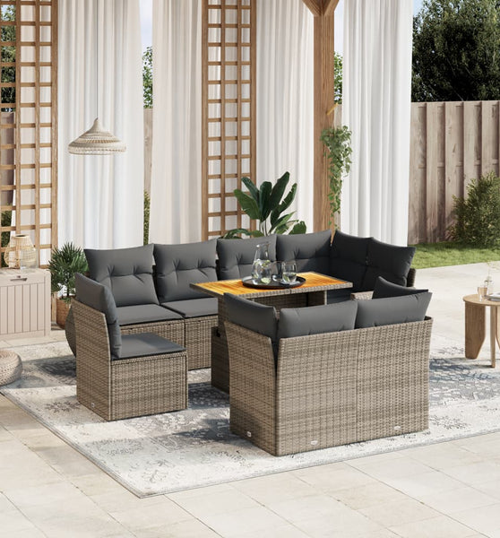 9-tlg. Garten-Sofagarnitur mit Kissen Grau Poly Rattan