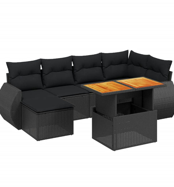 7-tlg. Garten-Sofagarnitur mit Kissen Schwarz Poly Rattan