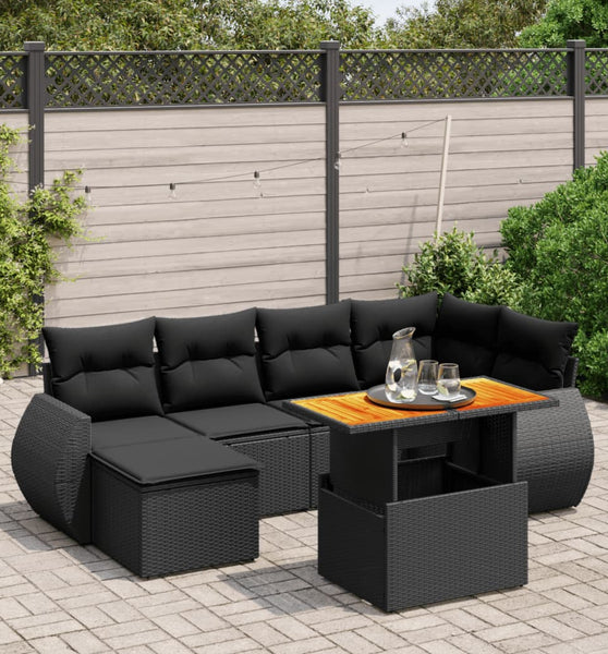 7-tlg. Garten-Sofagarnitur mit Kissen Schwarz Poly Rattan