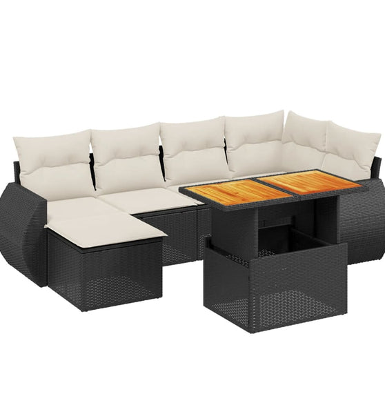 7-tlg. Garten-Sofagarnitur mit Kissen Schwarz Poly Rattan