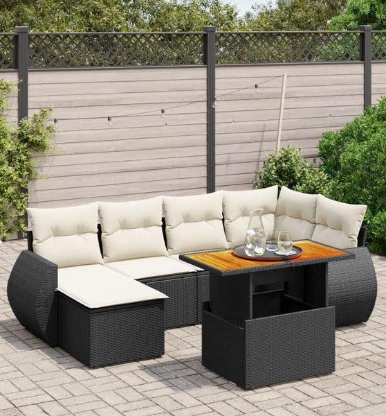 7-tlg. Garten-Sofagarnitur mit Kissen Schwarz Poly Rattan
