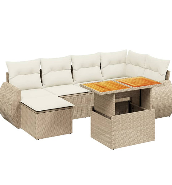 7-tlg. Garten-Sofagarnitur mit Kissen Beige Poly Rattan