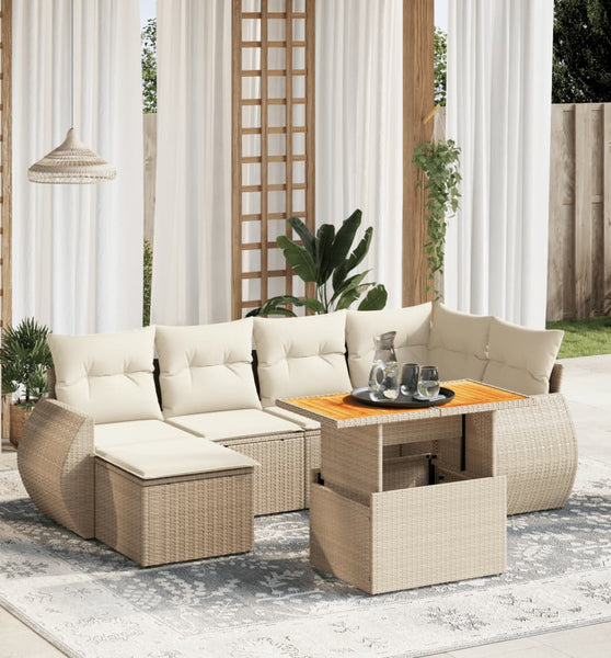 7-tlg. Garten-Sofagarnitur mit Kissen Beige Poly Rattan