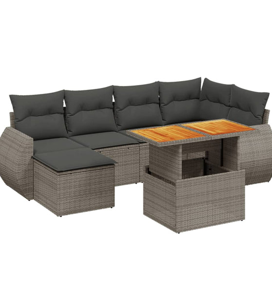 7-tlg. Garten-Sofagarnitur mit Kissen Grau Poly Rattan