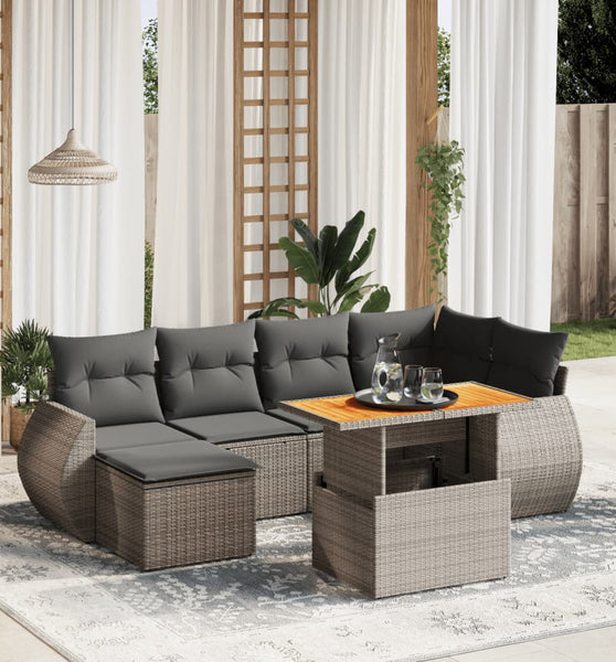 7-tlg. Garten-Sofagarnitur mit Kissen Grau Poly Rattan