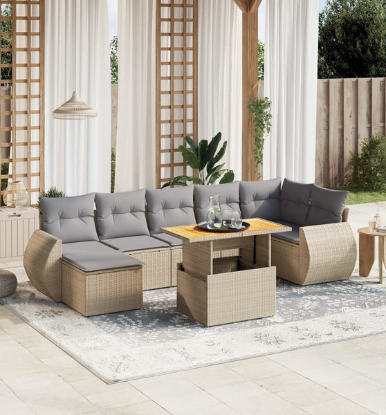 8-tlg. Garten-Sofagarnitur mit Kissen Beige Poly Rattan