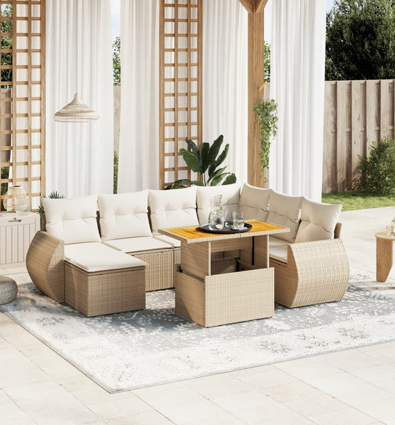 8-tlg. Garten-Sofagarnitur mit Kissen Beige Poly Rattan