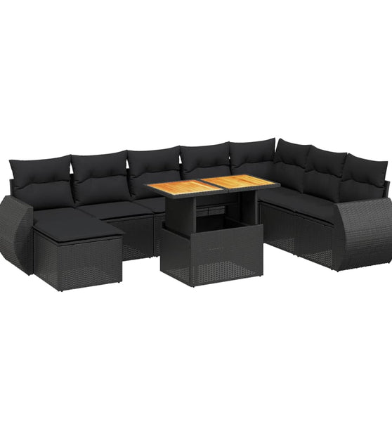 9-tlg. Garten-Sofagarnitur mit Kissen Schwarz Poly Rattan