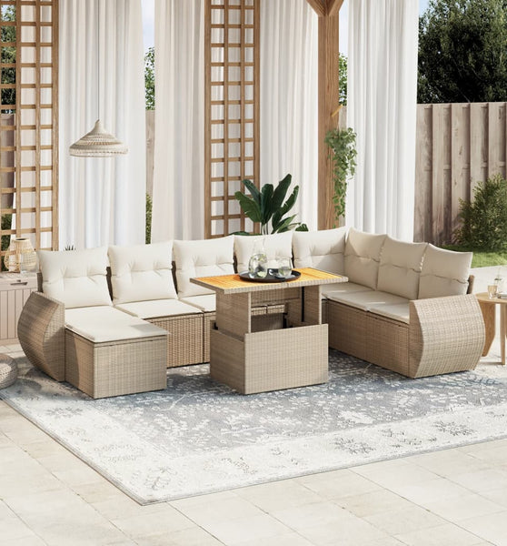 9-tlg. Garten-Sofagarnitur mit Kissen Beige Poly Rattan