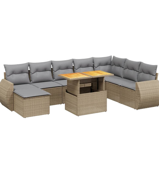 9-tlg. Garten-Sofagarnitur mit Kissen Beige Poly Rattan