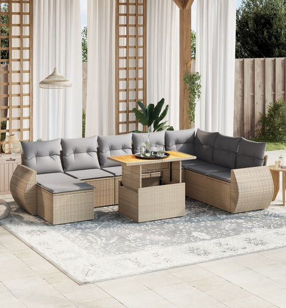 9-tlg. Garten-Sofagarnitur mit Kissen Beige Poly Rattan