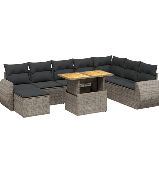 9-tlg. Garten-Sofagarnitur mit Kissen Grau Poly Rattan
