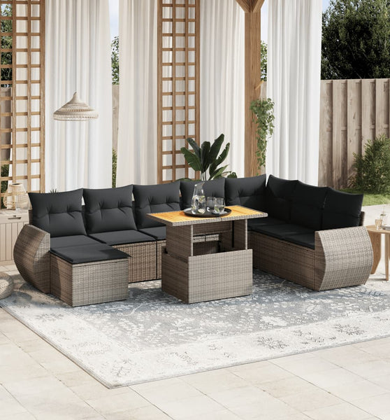 9-tlg. Garten-Sofagarnitur mit Kissen Grau Poly Rattan