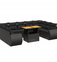 10-tlg. Garten-Sofagarnitur mit Kissen Schwarz Poly Rattan