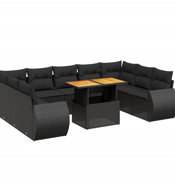 10-tlg. Garten-Sofagarnitur mit Kissen Schwarz Poly Rattan