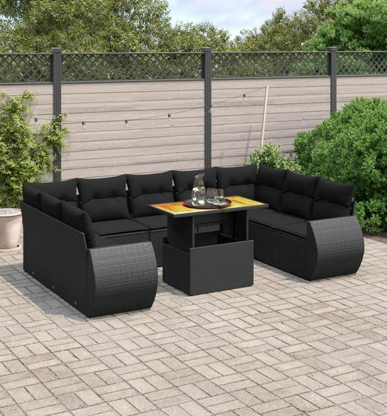 10-tlg. Garten-Sofagarnitur mit Kissen Schwarz Poly Rattan