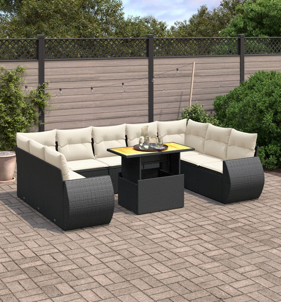 10-tlg. Garten-Sofagarnitur mit Kissen Schwarz Poly Rattan