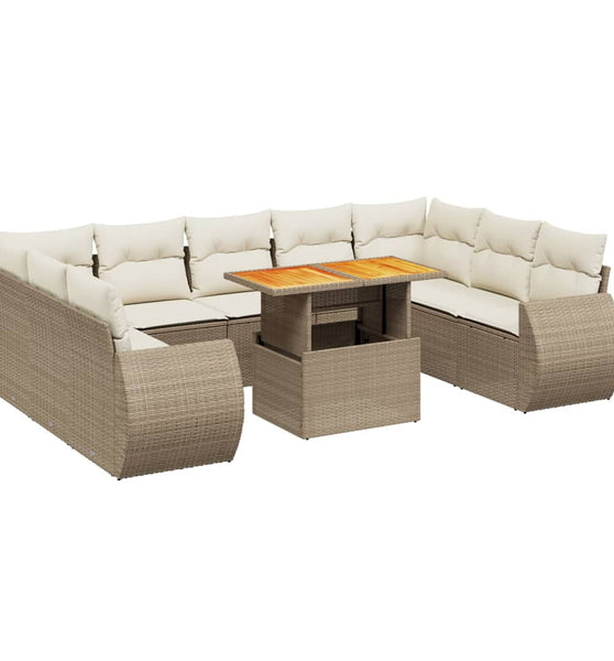 10-tlg. Garten-Sofagarnitur mit Kissen Beige Poly Rattan